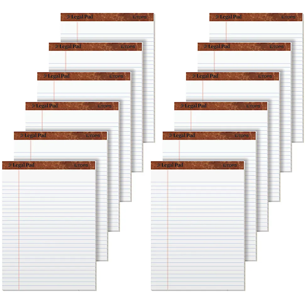 TOPS™ The Legal Pad Perforated Writing Pads, 8 1/2" x 11 3/4", Legal Ruled, 50 Sheets, White/Blue, Pack Of 12