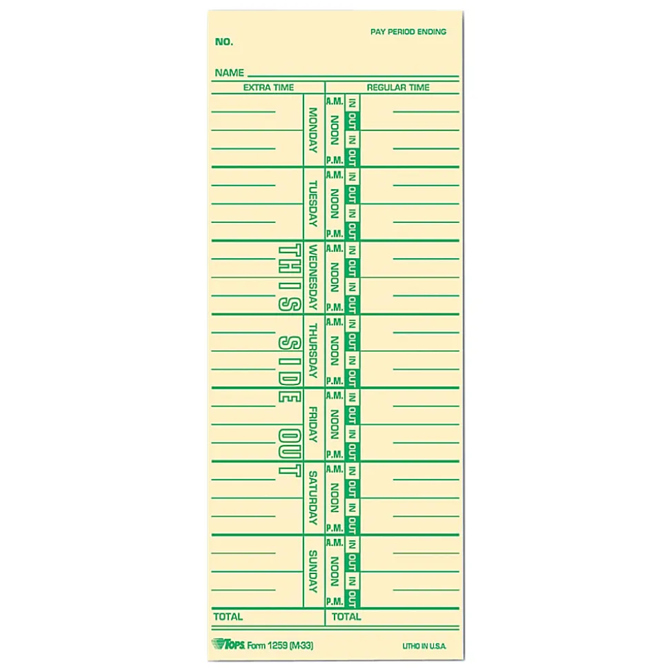 TOPS® Time Cards (Replaces Original Card M33), Named Days, 1-Sided, 9" x 3 1/2", Box Of 500