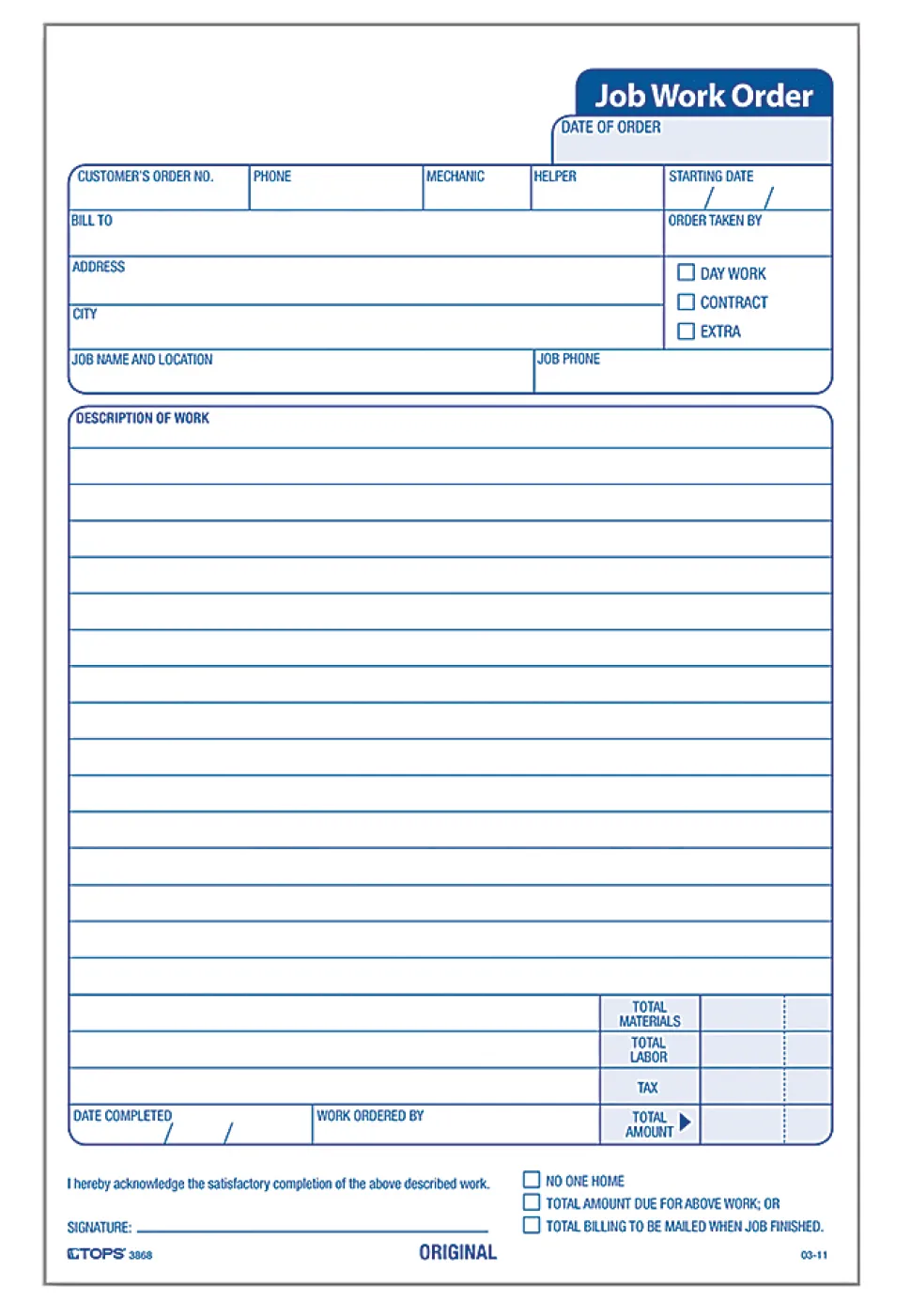 TOPS® Triplicate Carbonless Job Work Orders, 5 1/2" x 8 1/2", Pack Of 50 Forms