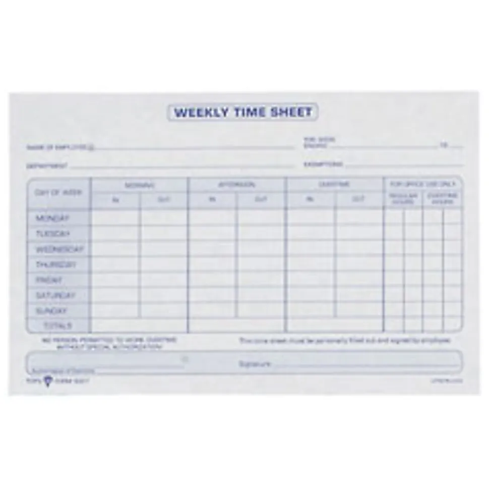 TOPS® Weekly Timesheet Form, 5.5" x 8.5", White/Blue, 100 Sheets Per Pad, 2 Pads Per Pack