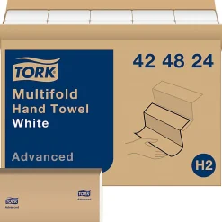 Tork Multifold H2 1-Ply Hand Towels, 9-1/2" x 9", White, 250 Sheets Per Pack, Case Of 16 Packs