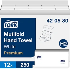 TORK Premium Multifold Hand Towel - 1 Ply - Multifold - 9" x 9.50" - White - Paper - Absorbent, Quick Drying - For Hand, Washroom - 250 / Sleeve