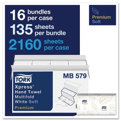 Tork® Premium Soft Xpress® 3-Panel Multifold Hand Towels, 2-Ply, 9.13 x 9.5, White with Blue Leaf, 135/Packs, 16 Packs/Carton