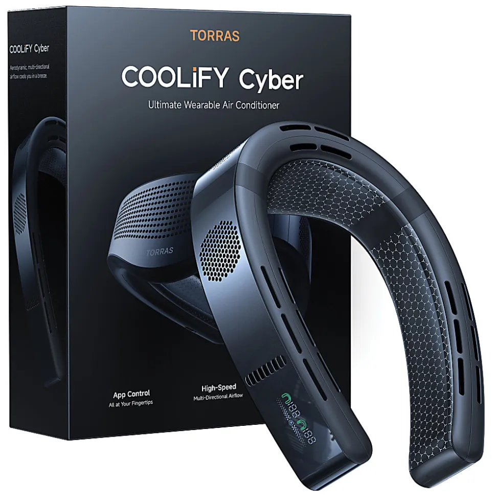 TORRAS COOLiFY Cyber Smart Portable Neck Fan, 3-1/4”H x 6-3/16”W x 8-1/16”D, Black