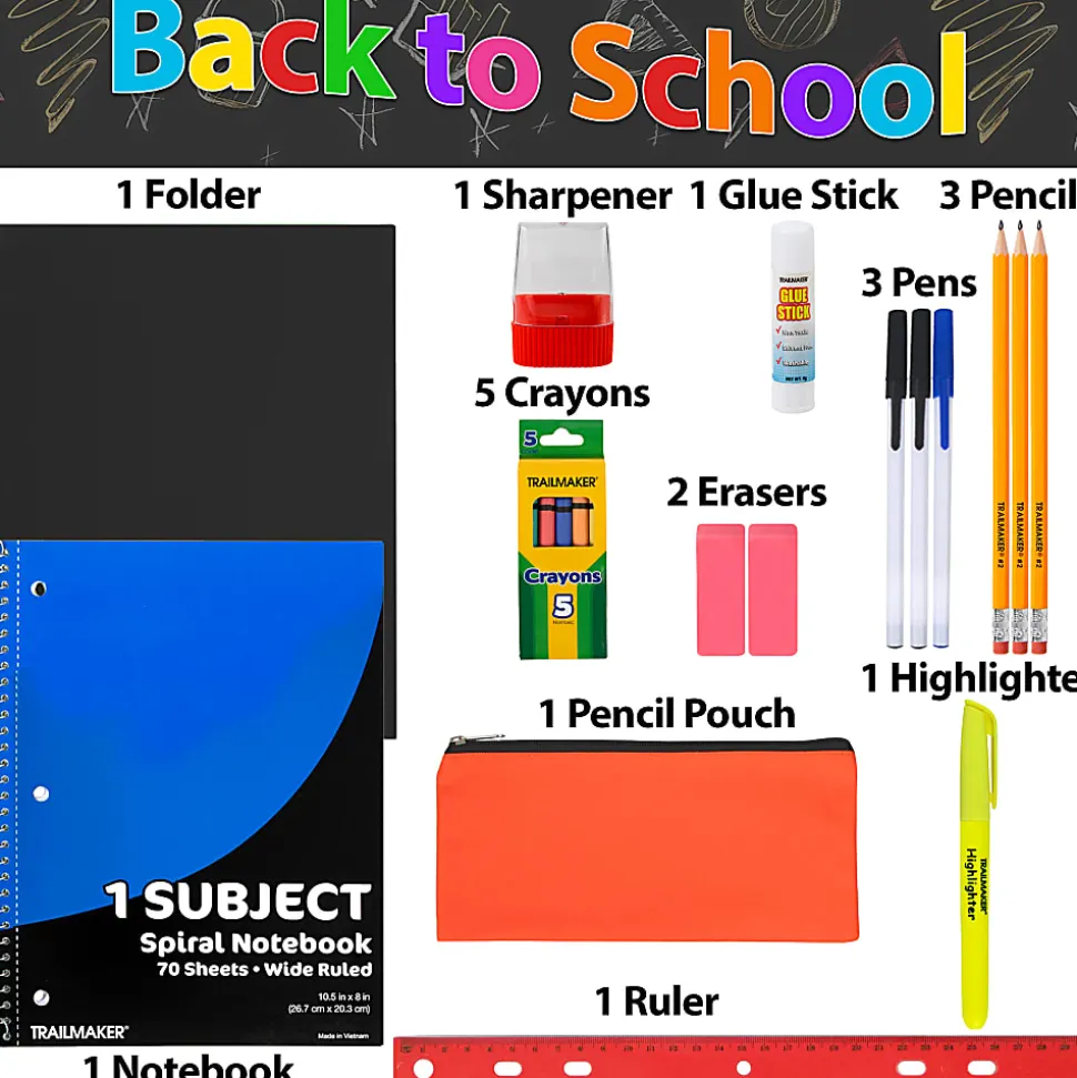 Trailmaker Backpacks With 20-Piece School Supply Kits, Assorted, Total Qty 24