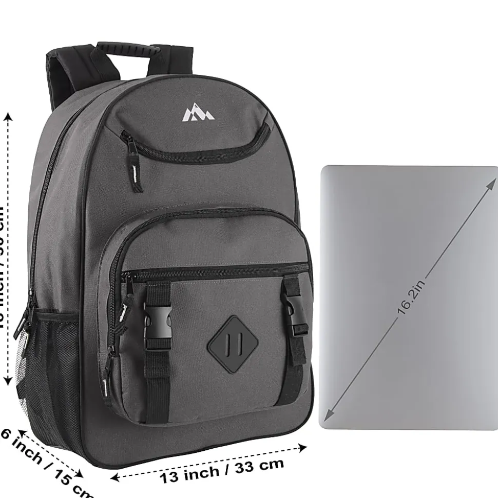 Trailmaker Double Buckle Backpacks With 30-Piece School Supply Kits, Black/Blue/Gray/Red, Total Qty 12