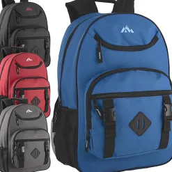 Trailmaker Double Buckle Backpacks With 30-Piece School Supply Kits, Black/Blue/Gray/Red, Total Qty 12
