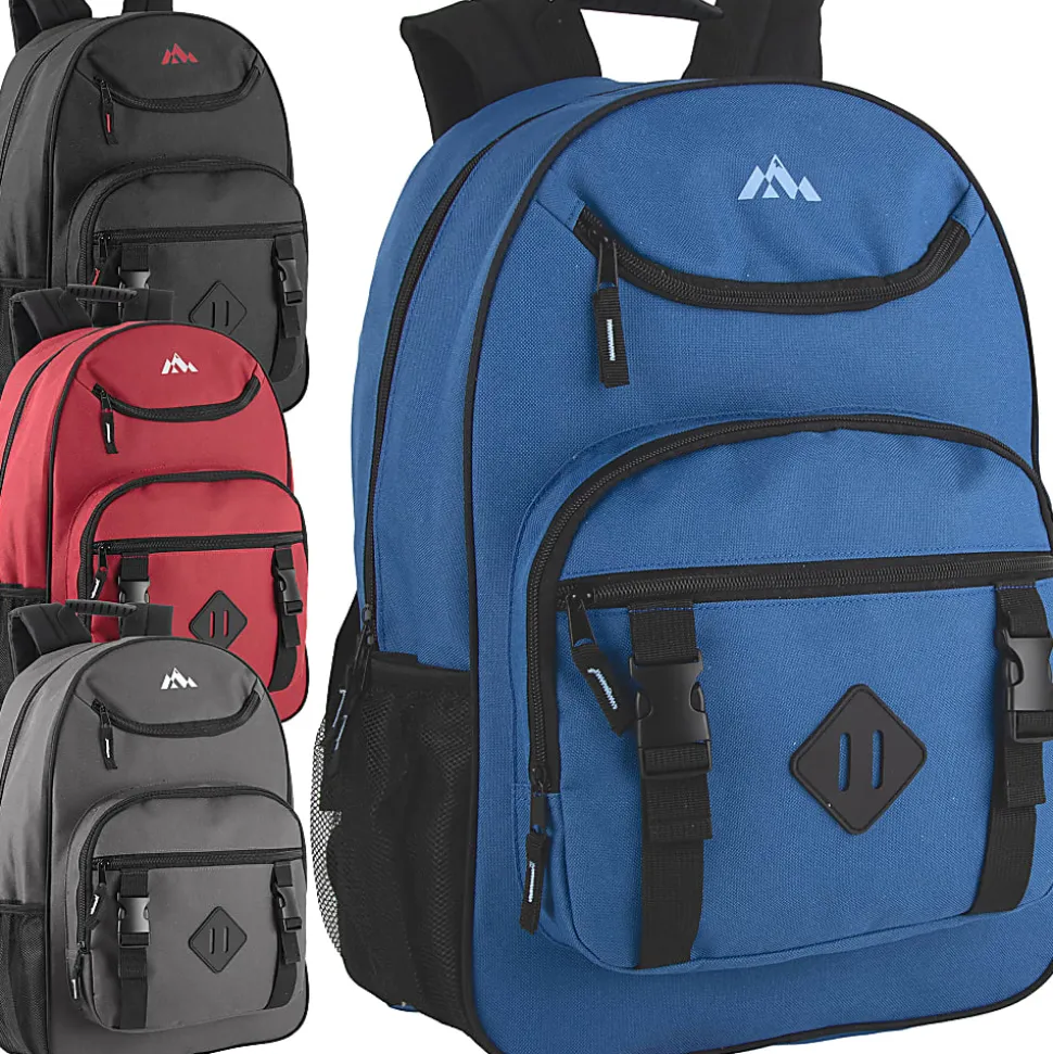 Trailmaker Double Buckle Backpacks With 30-Piece School Supply Kits, Black/Blue/Gray/Red, Total Qty 12