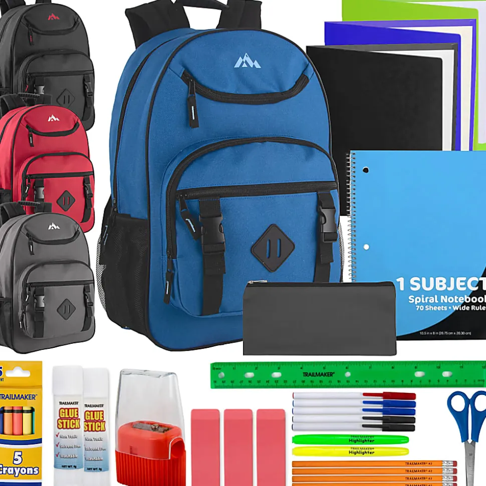 Trailmaker Double Buckle Backpacks With 30-Piece School Supply Kits, Black/Blue/Gray/Red, Total Qty 12