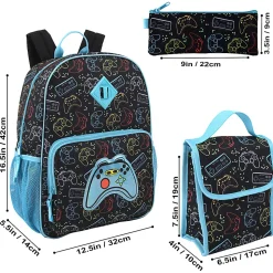 Trailmaker 6-in-1 Gamer’s Print Backpack With Matching Lunch Bag, Pencil Case, Tech Pouch, Keychain & Carabiner Clip, Black/Blue