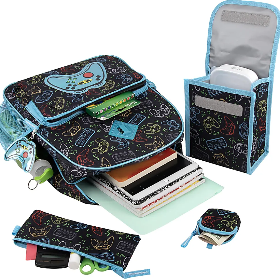 Trailmaker 6-in-1 Gamer’s Print Backpack With Matching Lunch Bag, Pencil Case, Tech Pouch, Keychain & Carabiner Clip, Black/Blue
