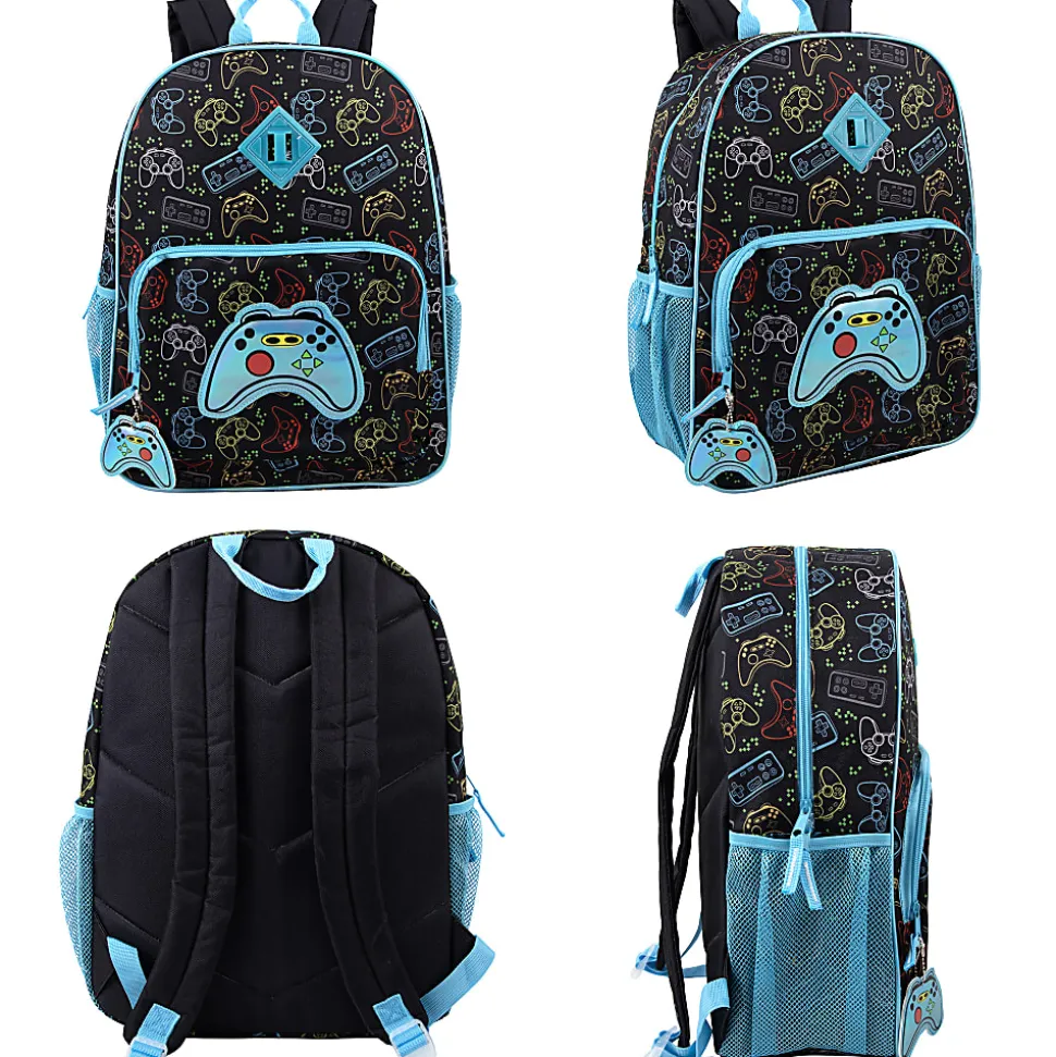Trailmaker 6-in-1 Gamer’s Print Backpack With Matching Lunch Bag, Pencil Case, Tech Pouch, Keychain & Carabiner Clip, Black/Blue