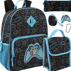 Trailmaker 6-in-1 Gamer’s Print Backpack With Matching Lunch Bag, Pencil Case, Tech Pouch, Keychain & Carabiner Clip, Black/Blue