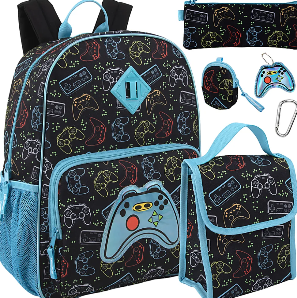 Trailmaker 6-in-1 Gamer’s Print Backpack With Matching Lunch Bag, Pencil Case, Tech Pouch, Keychain & Carabiner Clip, Black/Blue