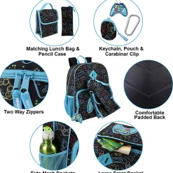 Trailmaker 6-in-1 Gamer’s Print Backpack With Matching Lunch Bag, Pencil Case, Tech Pouch, Keychain & Carabiner Clip, Black/Blue