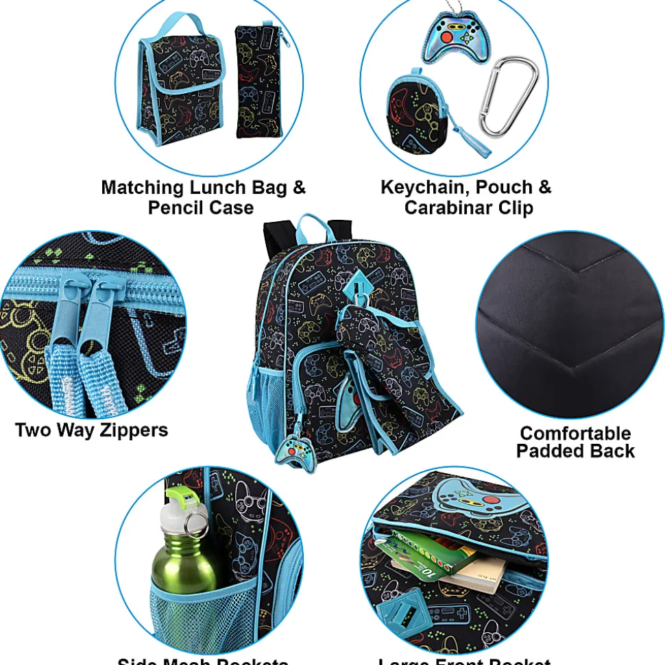Trailmaker 6-in-1 Gamer’s Print Backpack With Matching Lunch Bag, Pencil Case, Tech Pouch, Keychain & Carabiner Clip, Black/Blue