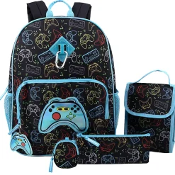 Trailmaker 6-in-1 Gamer’s Print Backpack With Matching Lunch Bag, Pencil Case, Tech Pouch, Keychain & Carabiner Clip, Black/Blue