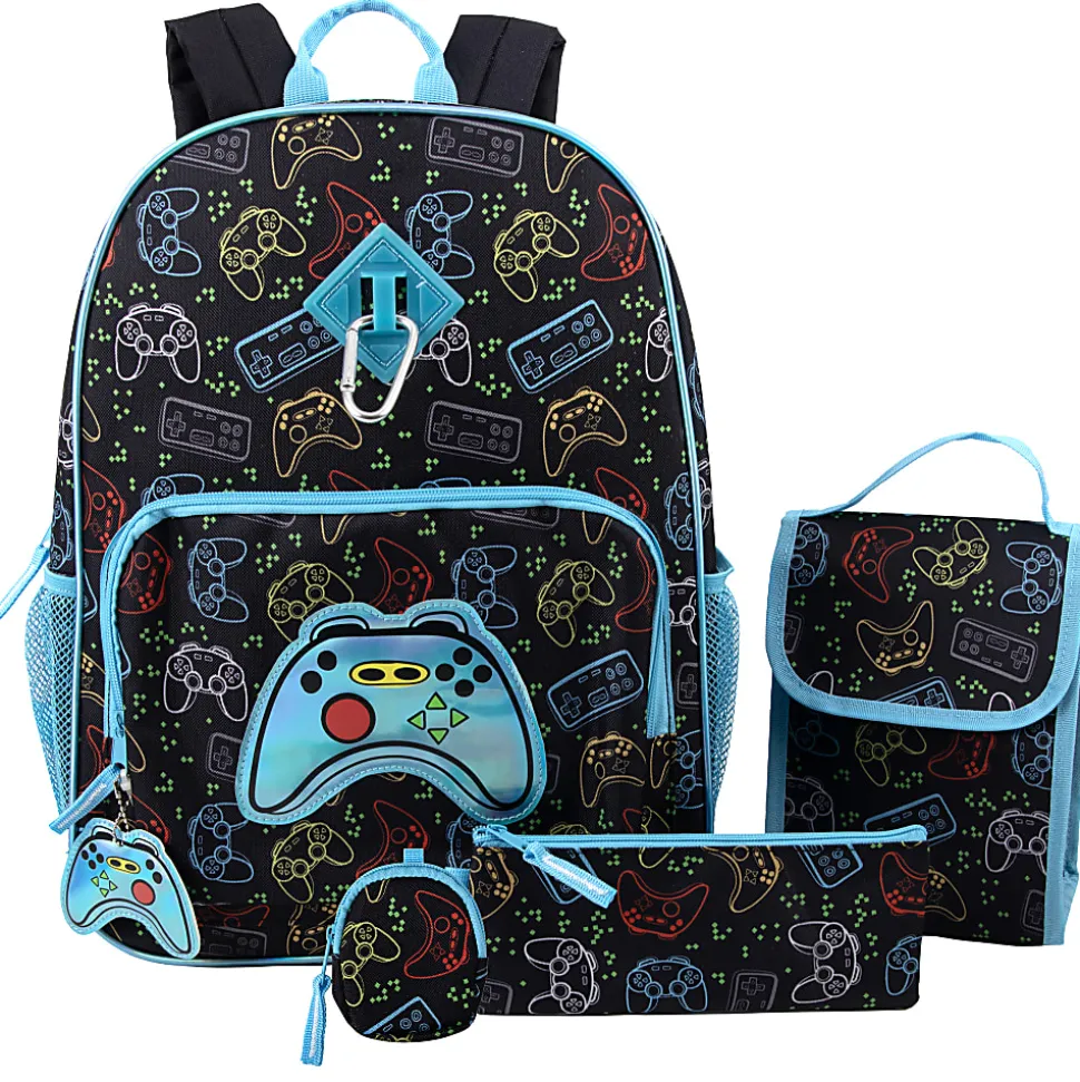 Trailmaker 6-in-1 Gamer’s Print Backpack With Matching Lunch Bag, Pencil Case, Tech Pouch, Keychain & Carabiner Clip, Black/Blue
