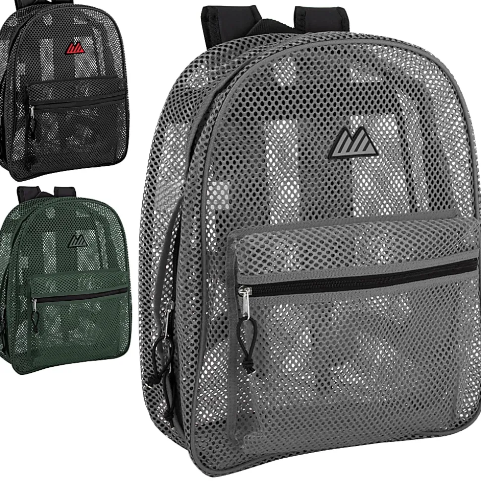 Trailmaker Mesh Backpacks, Assorted Colors (Black, Gray, Green), Pack Of 24 Backpacks