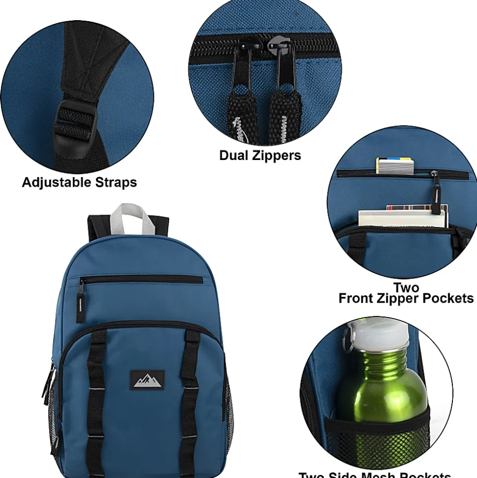 Trailmaker Mesh Side Pocket Backpacks, Black/Blue/Gray/Green, Total Qty 24