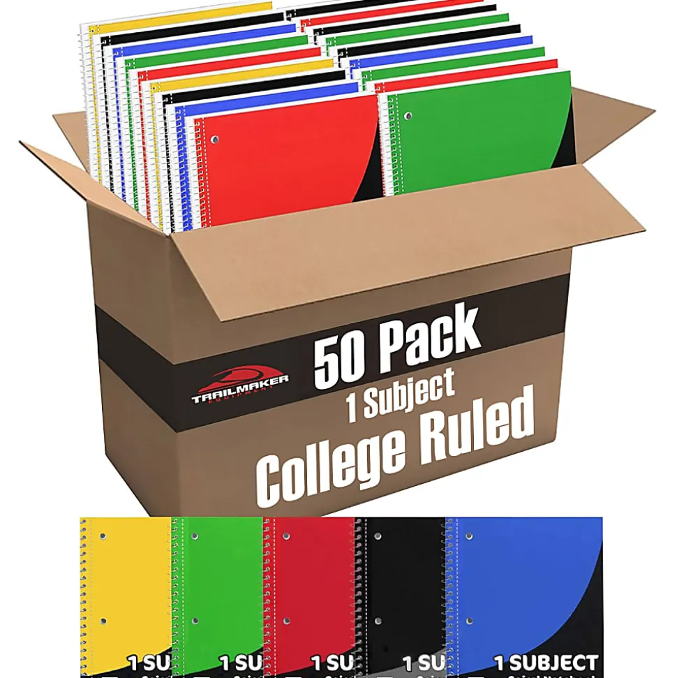 Trailmaker Notebooks, 8" x 10-1/2", 1 Subject, College Ruled, 70 Sheets, Assorted Colors, Pack Of 50 Notebooks