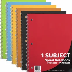 Trailmaker Spiral-Bound Notebooks, 10-1/2" x 7-1/2", 1-Subject, Wide-Ruled, 70 Sheets, Assorted Colors, Pack Of 50 Notebooks