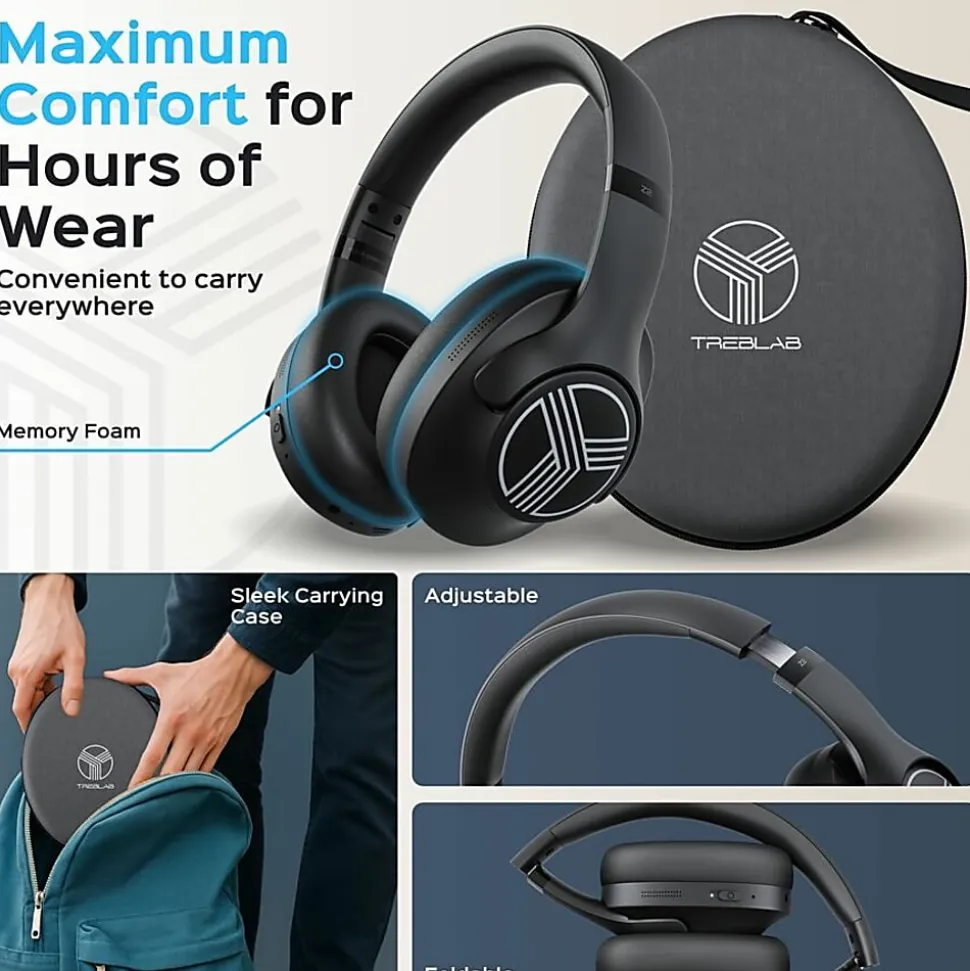 TREBLAB Z2 |Over Ear Workout Headphones with Microphone |Bluetooth 5.0, ANC|Wireless Headphones - Z2B
