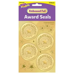 Trend Award Seal Stickers, Congratulations Gold, 32 Stickers Per Pack, Set Of 6 Packs