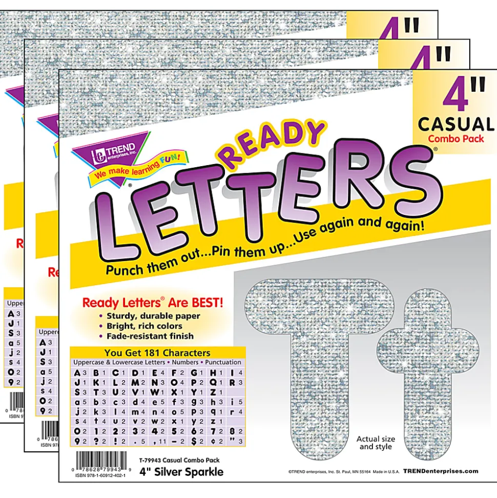 Trend Casual Combo Ready Letters, 4", Silver Sparkle, 182 Letters Per Pack, Set Of 3 Packs