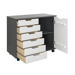 Trendfurn Omnia 1-Door Roll Cart, 6 Drawers, 25-3/4” x 31-1/3”, Gray/White