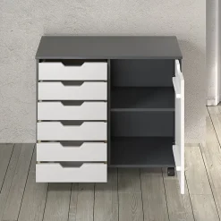 Trendfurn Omnia 1-Door Roll Cart, 6 Drawers, 25-3/4” x 31-1/3”, Gray/White