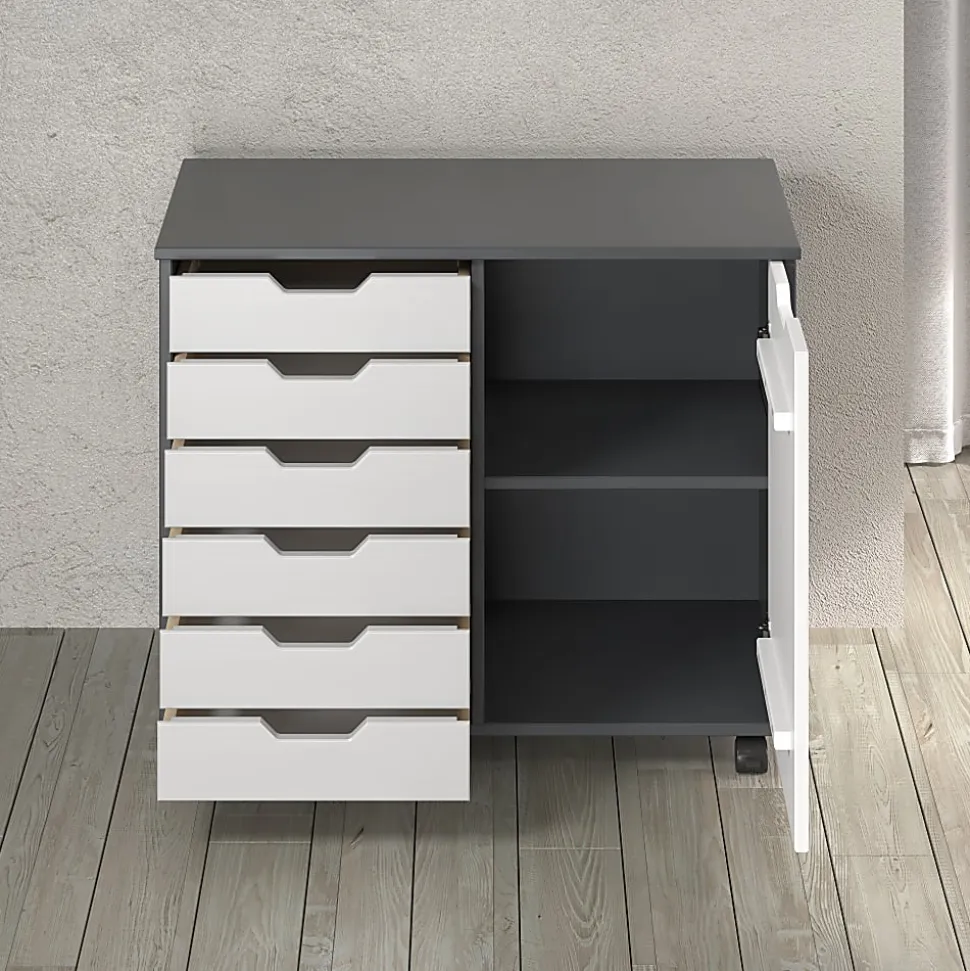 Trendfurn Omnia 1-Door Roll Cart, 6 Drawers, 25-3/4” x 31-1/3”, Gray/White