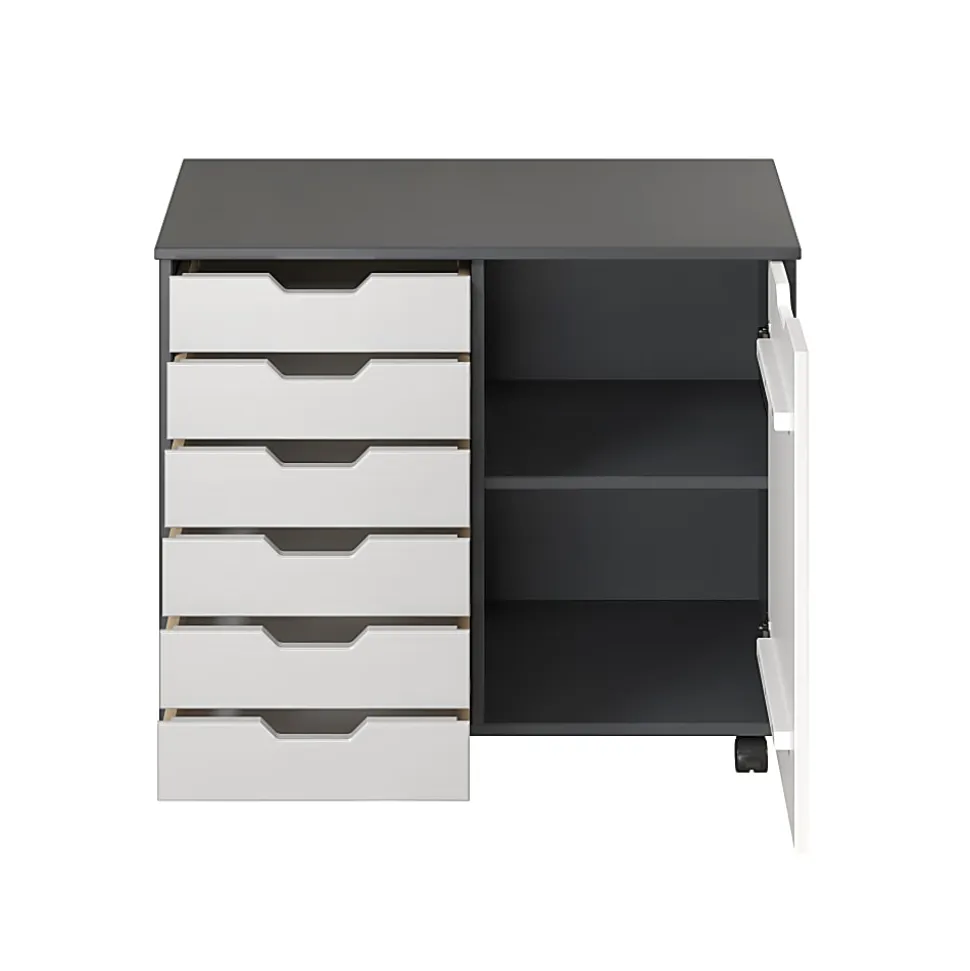 Trendfurn Omnia 1-Door Roll Cart, 6 Drawers, 25-3/4” x 31-1/3”, Gray/White
