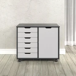 Trendfurn Omnia 1-Door Roll Cart, 6 Drawers, 25-3/4” x 31-1/3”, Gray/White