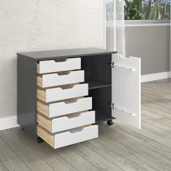 Trendfurn Omnia 1-Door Roll Cart, 6 Drawers, 25-3/4” x 31-1/3”, Gray/White