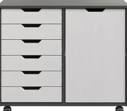 Trendfurn Omnia 1-Door Roll Cart, 6 Drawers, 25-3/4” x 31-1/3”, Gray/White