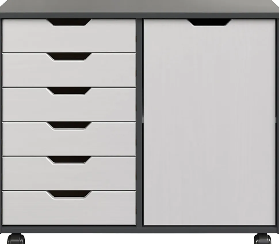 Trendfurn Omnia 1-Door Roll Cart, 6 Drawers, 25-3/4” x 31-1/3”, Gray/White