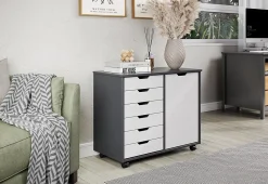Trendfurn Omnia 1-Door Roll Cart, 6 Drawers, 25-3/4” x 31-1/3”, Gray/White