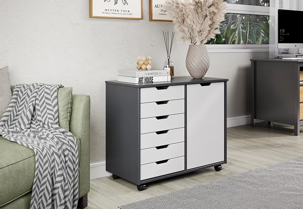 Trendfurn Omnia 1-Door Roll Cart, 6 Drawers, 25-3/4” x 31-1/3”, Gray/White