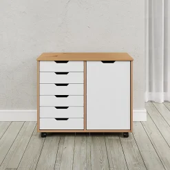 Trendfurn Omnia 1-Door Roll Cart, 6 Drawers, 25-3/4” x 31-1/3”, Honey/White