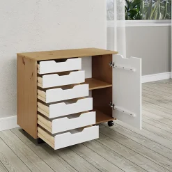 Trendfurn Omnia 1-Door Roll Cart, 6 Drawers, 25-3/4” x 31-1/3”, Honey/White