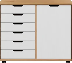 Trendfurn Omnia 1-Door Roll Cart, 6 Drawers, 25-3/4” x 31-1/3”, Honey/White
