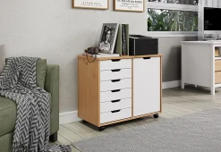 Trendfurn Omnia 1-Door Roll Cart, 6 Drawers, 25-3/4” x 31-1/3”, Honey/White