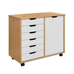 Trendfurn Omnia 1-Door Roll Cart, 6 Drawers, 25-3/4” x 31-1/3”, Honey/White