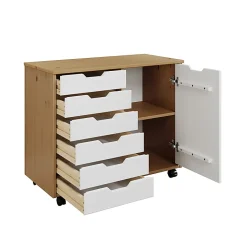 Trendfurn Omnia 1-Door Roll Cart, 6 Drawers, 25-3/4” x 31-1/3”, Honey/White