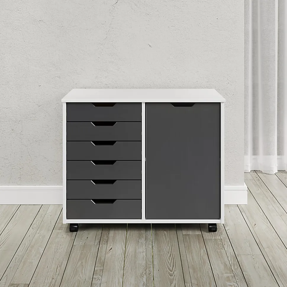 Trendfurn Omnia 1-Door Roll Cart, 6 Drawers, 25-3/4” x 31-1/3”, White/Gray