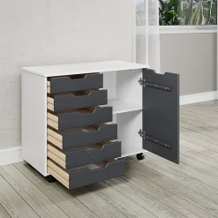 Trendfurn Omnia 1-Door Roll Cart, 6 Drawers, 25-3/4” x 31-1/3”, White/Gray