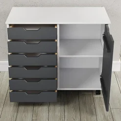 Trendfurn Omnia 1-Door Roll Cart, 6 Drawers, 25-3/4” x 31-1/3”, White/Gray