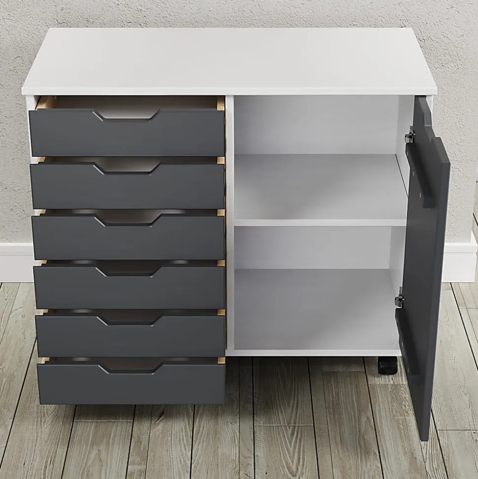 Trendfurn Omnia 1-Door Roll Cart, 6 Drawers, 25-3/4” x 31-1/3”, White/Gray