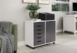 Trendfurn Omnia 1-Door Roll Cart, 6 Drawers, 25-3/4” x 31-1/3”, White/Gray